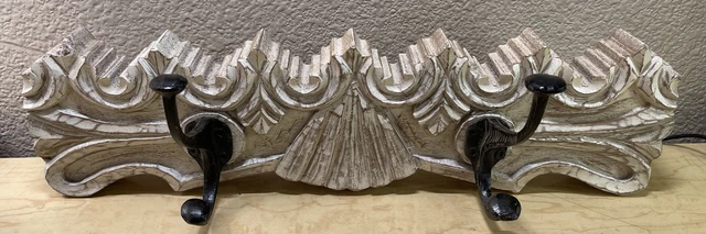 Vintage Thick Carved Painted Wood Wall Hanger w/ 2 Heavy Iron Hooks India Made 2