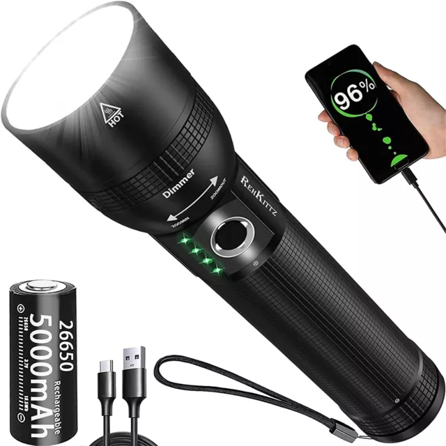 REHKITTZ LED Torch Super Bright 3300 Lumens Rechargeable Flashlight 5 Light Mode