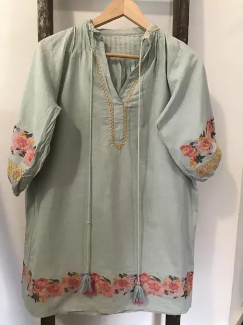 Boho Dress 100% Cotton Mint Green With Floral Embroidery And Tassels Size 14