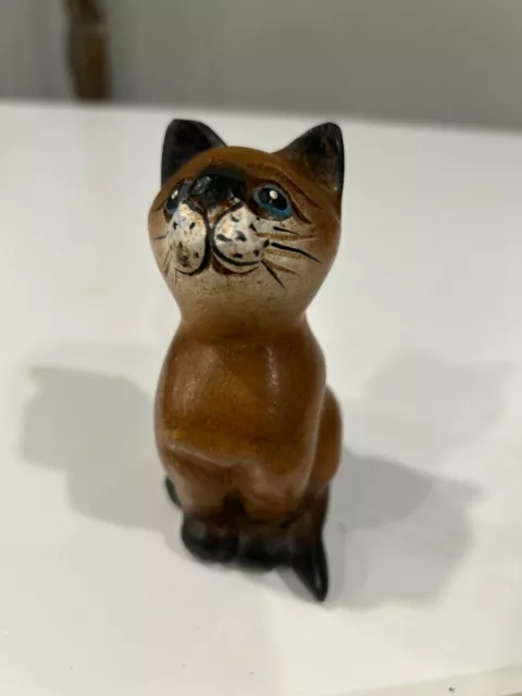 Hand carved WOODEN CAT FIGURINE - #8 - Made in Thailand - Small Sitting