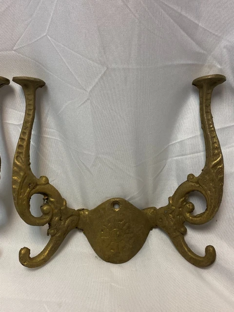 Vintage Pair Brass Hall Tree Coat Hat Sweater Umbrella Rack Double Hooks 2