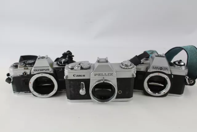 3 x SLR FILM CAMERAS Inc. Canon Pellix, Olympus OM10 & Minolta X-300 (Bodies)