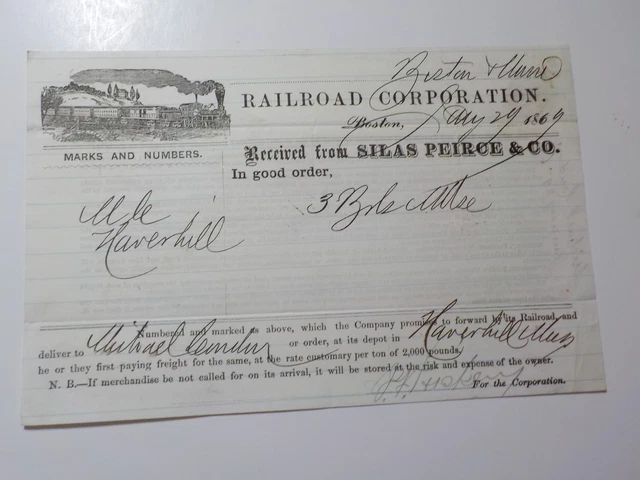 Antique Document 1869 Boston & Maine Railroad Corporation Illustration VTG