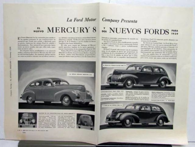 1939 Ford & Mercury Sedan Coupe V8 Two New Fords Ad Proofs Spanish Text Original