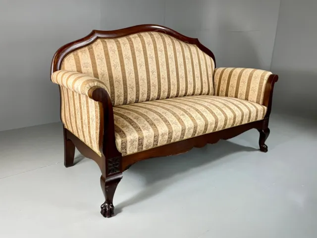 EB5224 Danish Mahogany Camel Back Striped 2/3 Seater Sofa, Antique, Vintage V3SS