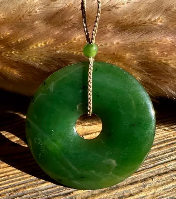 45mm Genuine Natural Dark Green Nephrite Jade Pi Donut Pendant on Cord