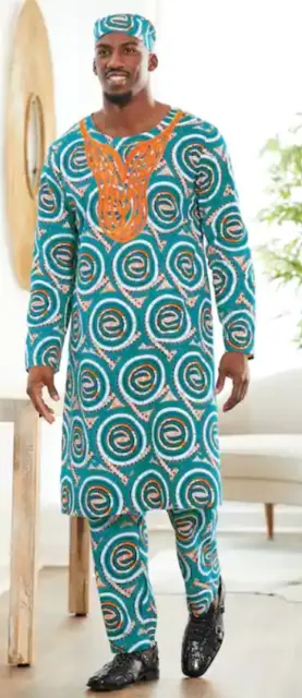 Size M Ashro Men's Teal Ethnic African American Pride Micah Pant Suit Set