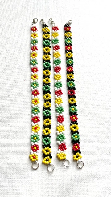 Handmade Jamaican Flag, Rasta, Reggae, African Glass Seed Bead Flower Bracelet Handmade Jamaican Flag, Rasta, Reggae, African Glass Seed Bead Flower Bracelet