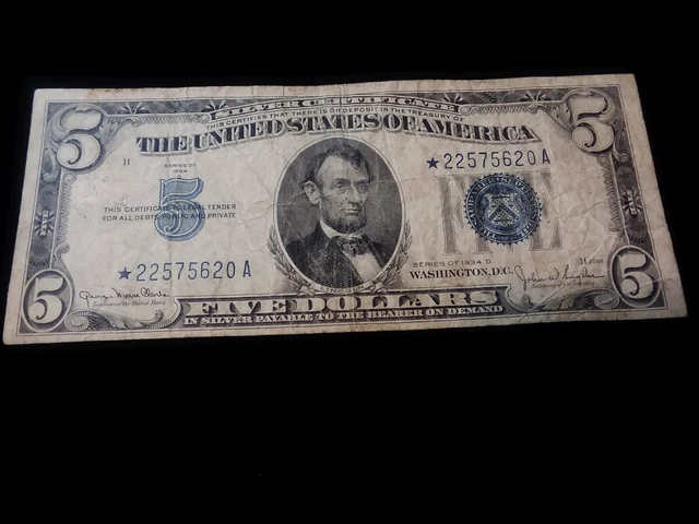 1934D Wide Ii $5 Silver Certificate Star Note Fr 1654 No Tears Or Pinholes