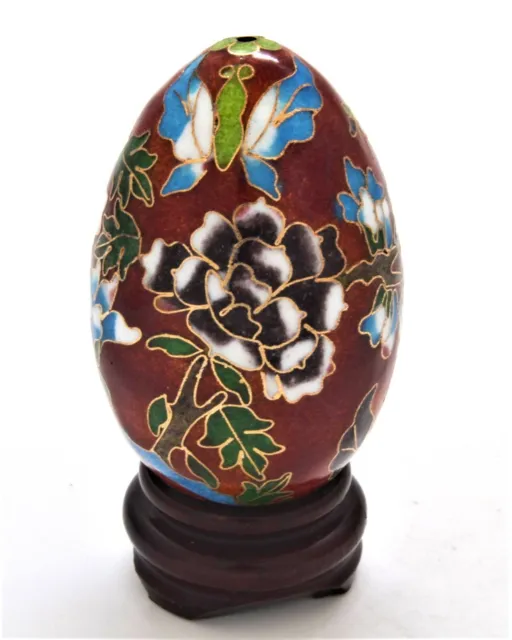 Vintage Cloisonne Egg with Wood Stand. Hand Painted Enamel with Floral Designs
