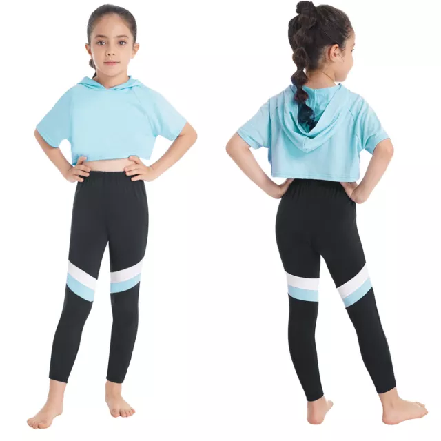 Girls Sport Suit Short Sleeve Hoodie Crop Top Long Pants Set Fitness Activewear