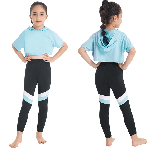 Girls Sport Suit Short Sleeve Hoodie Crop Top Long Pants Set Fitness Activewear