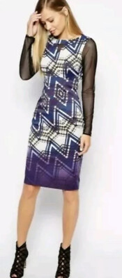 Karen Millen Uk 10 Purple Blue Zig Zag Patterned  Satin Lace Bodycon Dress Dt130