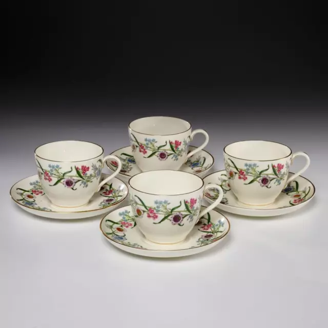 8 pc set of Vtg Royal Worcester "Fleurette" 4 Cups and 4 Saucers Spring Floral C