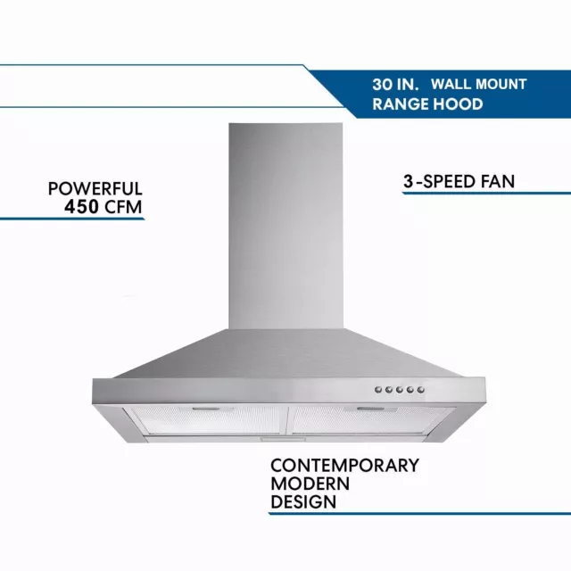 30" Wall Mount Range Hood Stainless Steel 450CFM Kitchen Stove Vent LED 3-Speed