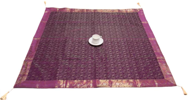 48 Square Indian Banarasi Silk Woven Paisley Table Top Cover Cloth Purple