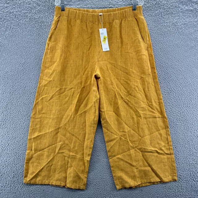 Eileen Fisher Pants Womens Medium M Yellow Linen Wide Leg Pull On Cropped Pants