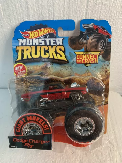 2019 Hot Wheels Monster Truck Red 70 Dodge Charger R/T  W / Connect & Crash Car