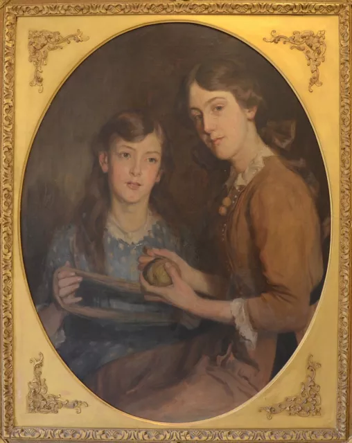 Large Antique Early 20th Century Double Portrait Oil On Canvas Painting