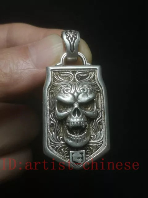 Chinese Tibet Silver Carving Skull King Statue necklace pendant gift Collection