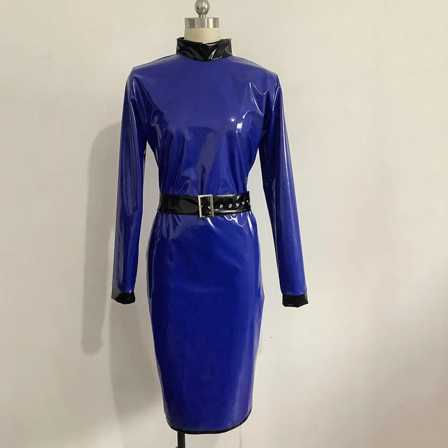 GIRL MAID SISSY Blue pvc lockable long sleeves Dress cosplay costume