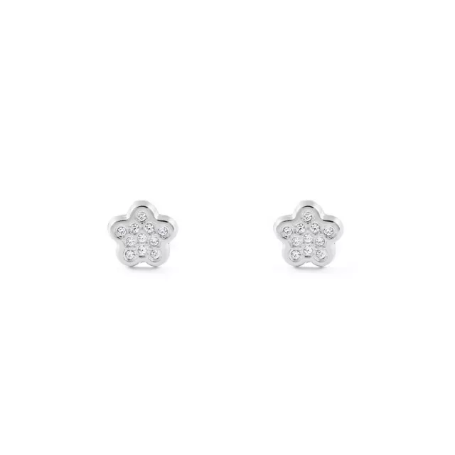 Pendientes Bebe o Niña Oro Blanco Flor 5 Petalos con Circonitas (T1897P)