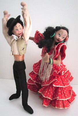 Vintage Spanish Cloth Flamenco Dancer Dolls by Klumpe or Roldan? 10" & 11" Tall