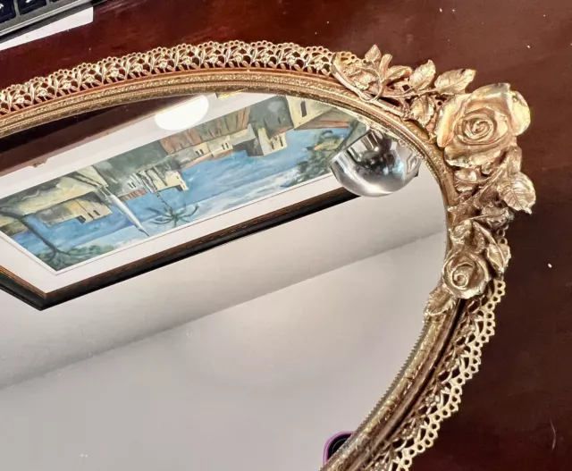 Vintage MATSON Oval Gold Vanity Mirror Tray Roses Filigree T179 17 X 9.5 Ormolu