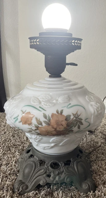 Vintage Fenton Bulbous Milk Glass GWTW Banquet Parlor Lamp Base Victorian Floral