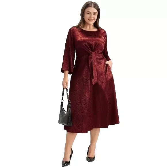 Burgandy Wine Size 14-16 Red Midi Dress Flare Sleeves Satiny Sash Tie Pocket