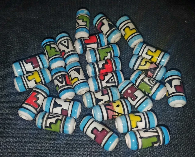 25 Keramik Perlen 14mm Zylinder hellblau rot, Inka Muster, Indianer Schmuck