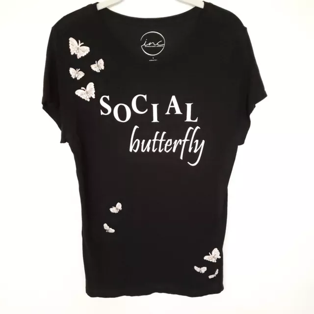 INC International Concepts Women T-shirt Large L Black Social Butterfly Defect