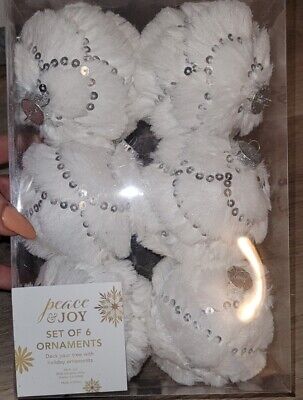 Peace & Joy White Fuzzy & Silver Sequins Embellished Tree Ornaments Set Of 6 Nib