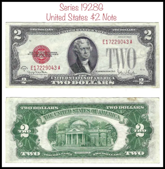 Series 1928G $2 United States Note Red Seal EA Block Serial Number E17229043A EF