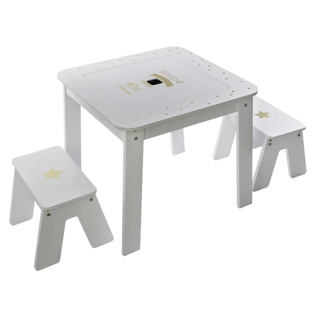 Mesa Auxiliar Con Almacenamiento, Placa de + 2 Taburete para Dormitorio Infantil