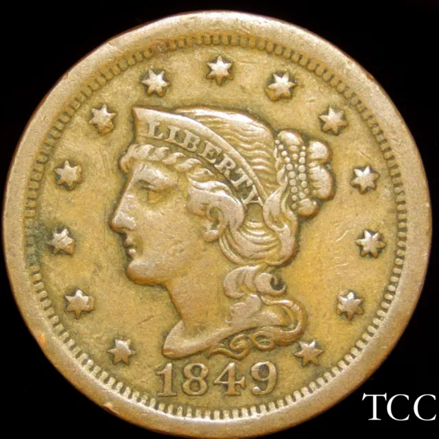 1849 BRAIDED HAIR LARGE CENT 1c ~ GORGEOUS COIN ~ FREE SHIPPING ~ TCC