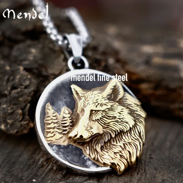 MENDEL Mens Stainless Steel Gold Plate Viking Wolf Head Pendant Necklace For Men