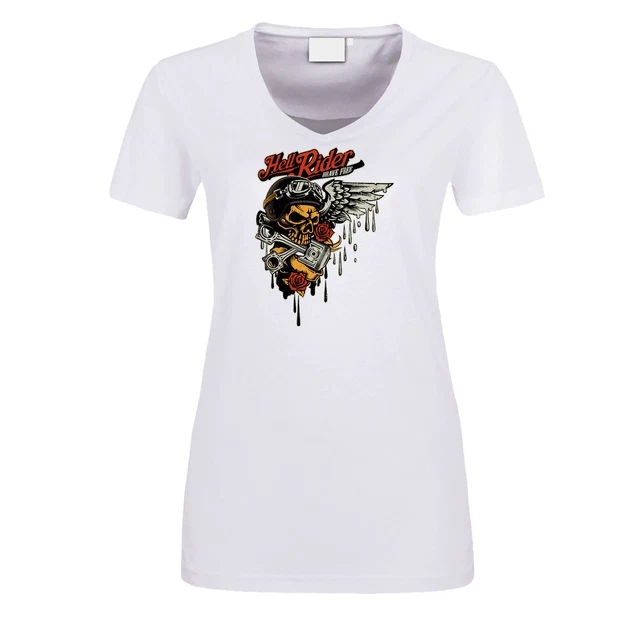T-shirt donna biker bianca teschio biker hell rider candela moto bobber moto