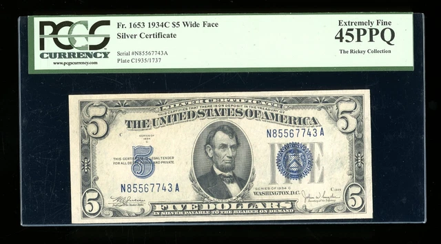 DBR $5 1934-C Silver  Fr. 1653W NA Block Wide Face PCGS 45 PPQ Serial N85567743A