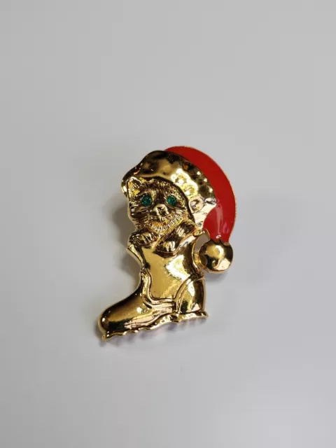 Avon Cat in Boot & Santa Hat Lapel Pin Brooch Christmas Holiday Gold Color