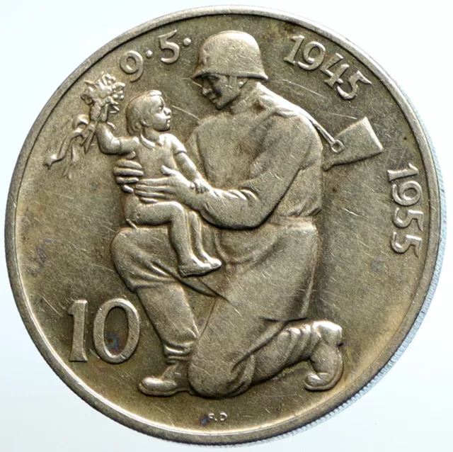 1955 CZECHOSLOVAKIA Soldier & Family LIBERATION Old Silver 10 Korun Coin i104739