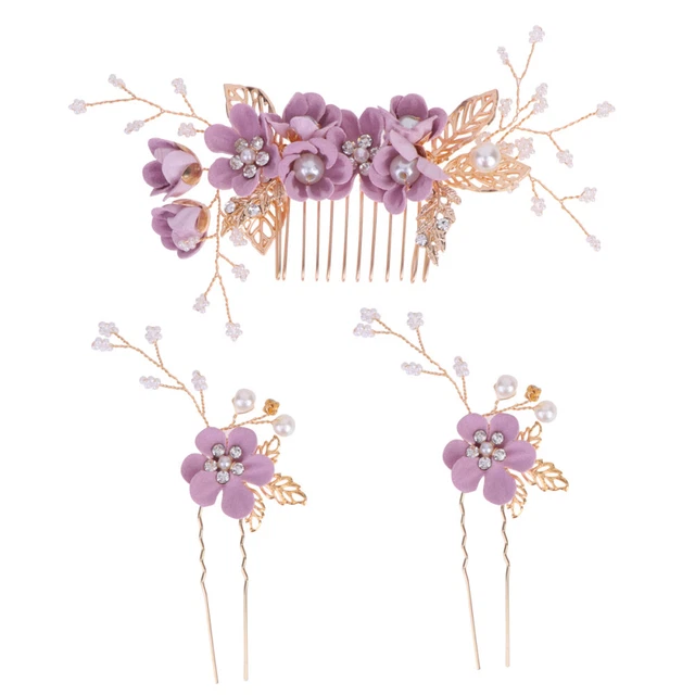 3 pz pettine per capelli canapa viola forcina perla signorina sposa