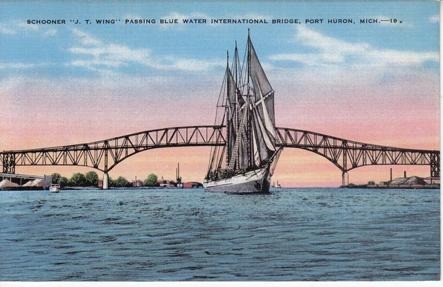 Port Huron, Michigan - Schooner Passing International Bridge - Vintage Post Card