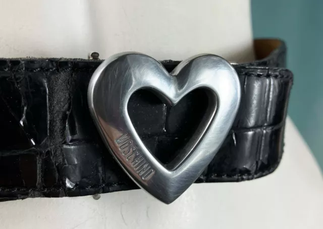 Vintage 90s Moschino Redwall Heart Love Belt Buckle Silver