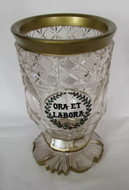 Biedermeier Ranftbecher Fußbecher, Goldrand, Emaille Malerei Pokal Becher  Glas