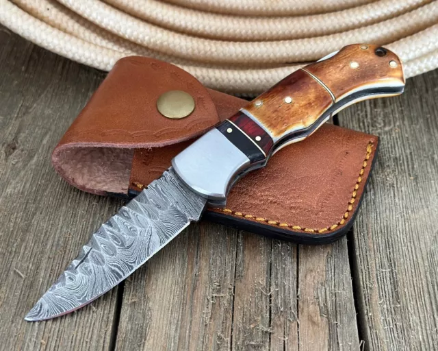 Damascus Steel Folding Pocket Personalized Knife Burnt Camel Bone Handle 6.5"