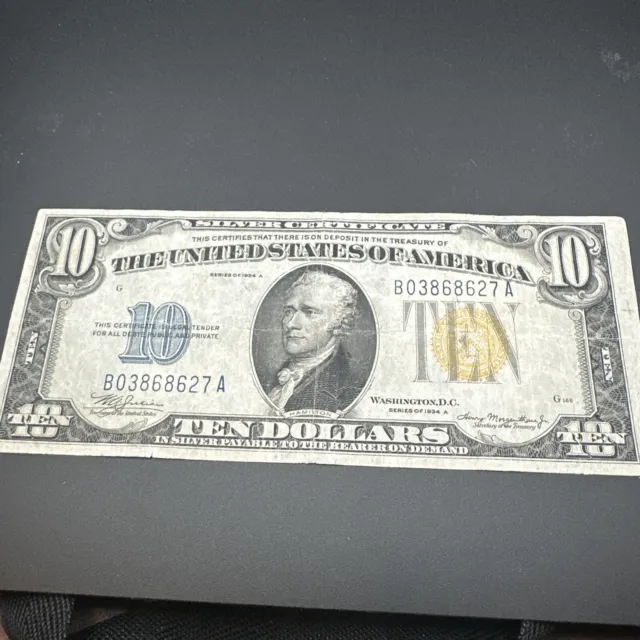 $10 1934-A North Africa Silver Certificate Yellow Seal Emergency Issue Bill VF