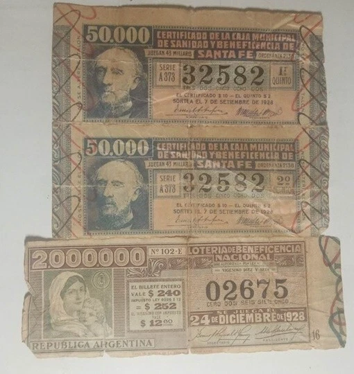 Biglietti Della Lotteria Argentini Anno 1928
