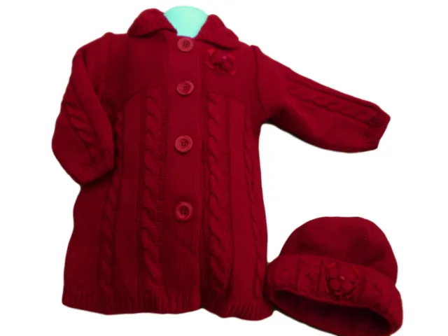 BNWT Baby Ragazze Natale Rosso Maglia Inverno Cardigan Cappotto Cappello Set
