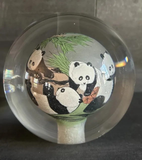 Chinese Panda Bears Reverse Painted Art Glass 4.5”Globe Crystal Ball Paperweight